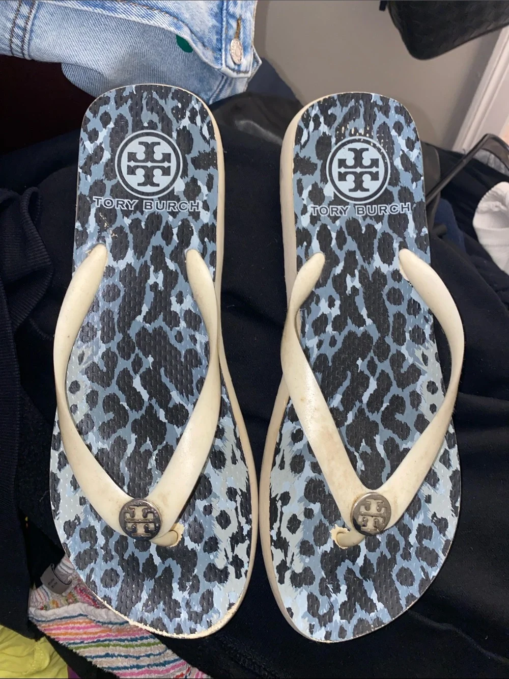 Tory Burch Light Blue Leopard-Print Flip Flop Sandals with Cream Straps
